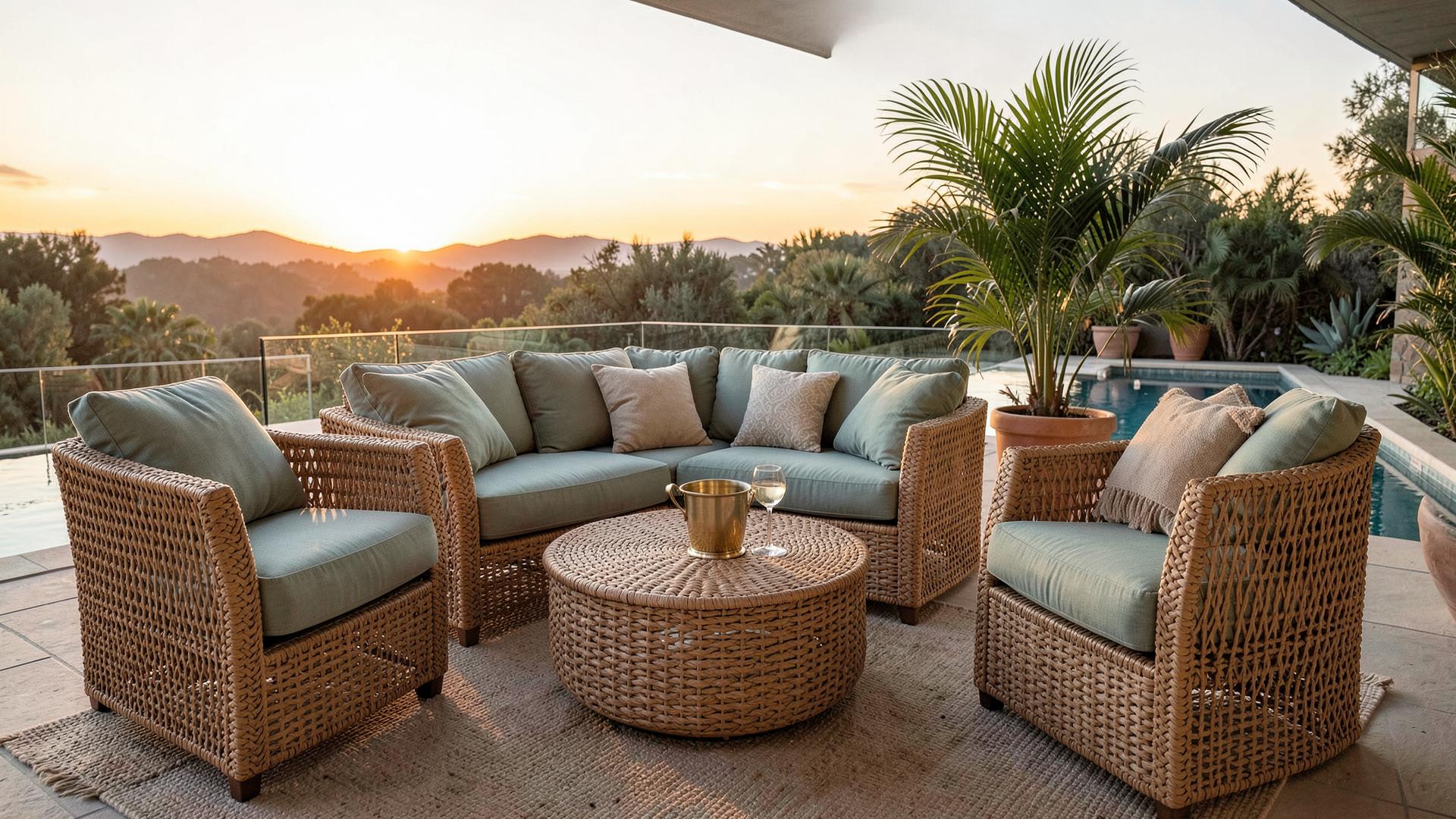 Lounge externo com móveis Villa Garden ao pôr do sol